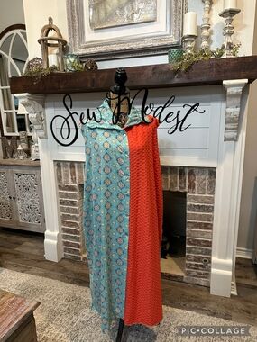 Two-Tone Floral & Textured Maxi Top - Aqua & Coral